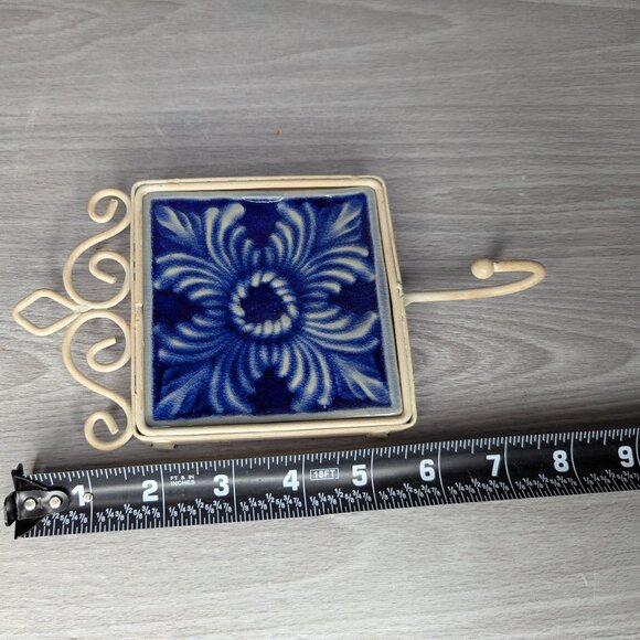 Blue and Off White Metal & Ceramic Tile Wall Hook 8" x 4" - Picture 7 of 9